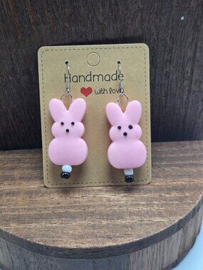 NWT Pink Peeps Earrings Pierced Easter Glass Beads Dangle Drop Light Weight OOAK